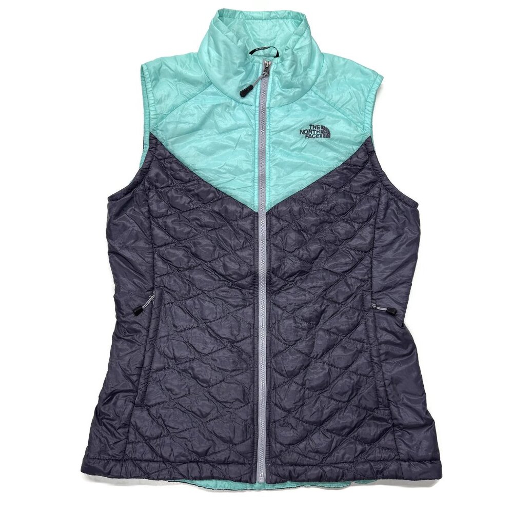 The North Face Thermoball Vest Womens Small Gray Green Quilted Puffer Jacket Zip